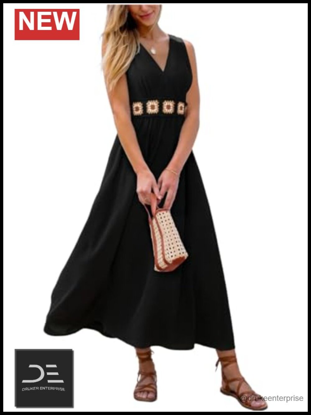 Women's Summer Smocked Embroidered Waist Maxi Dress V Neck Sleeveless
